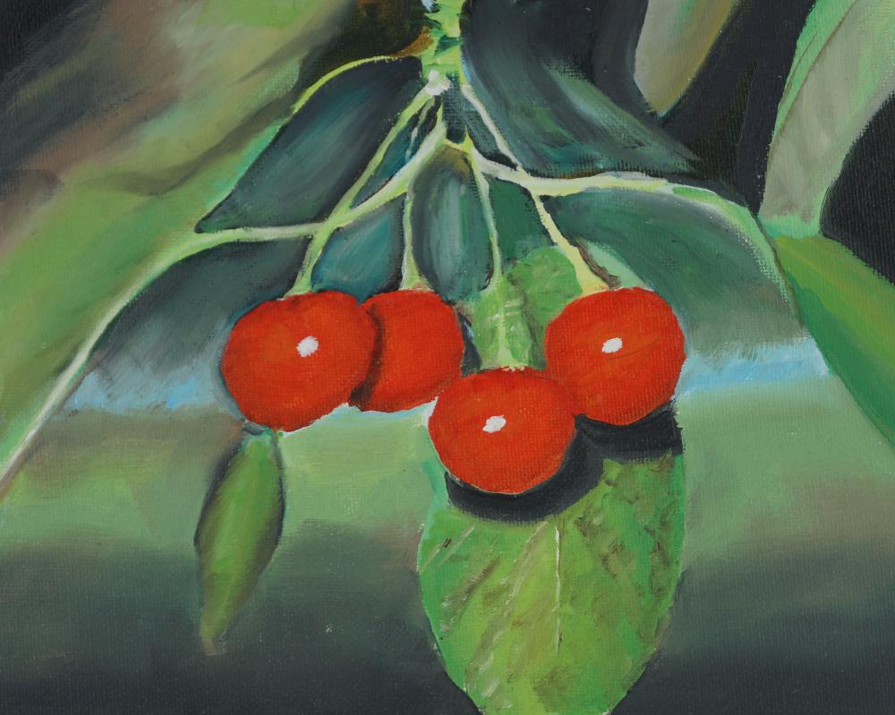 oil painting of four cherries