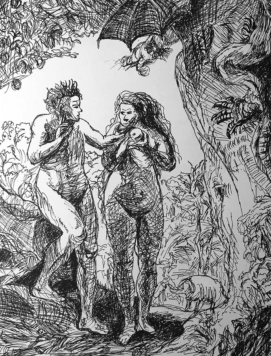 Ink pen drawing of Adam and Eve after Rembrandt
