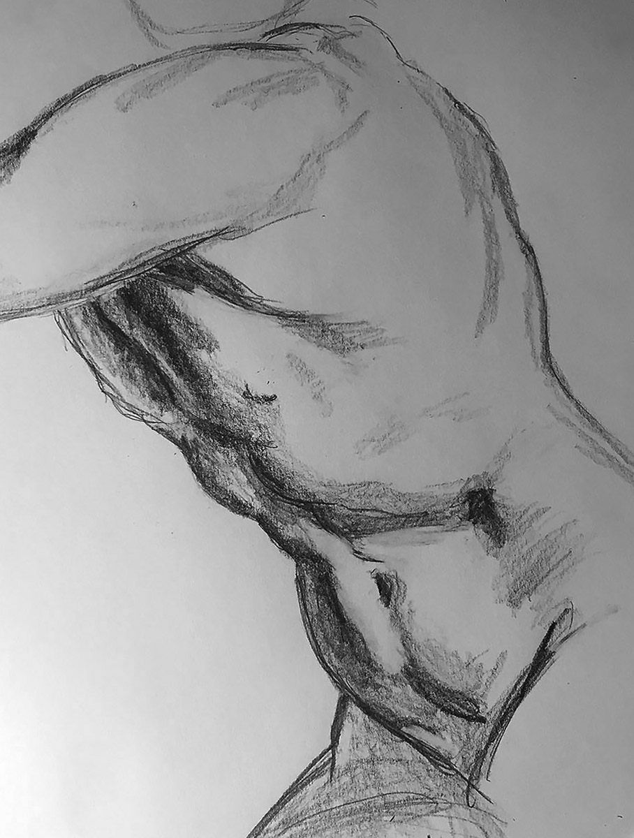 Pencil drawing of a male torso after Annibale Carracci