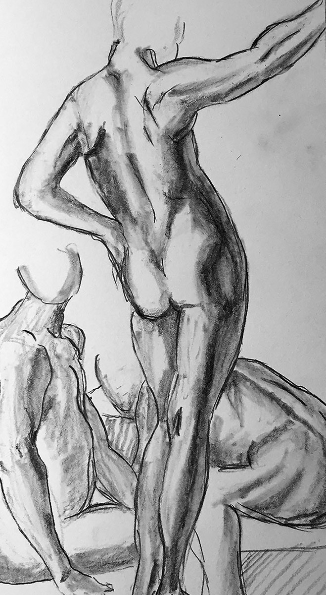 Graphite drawing of 3 nudes