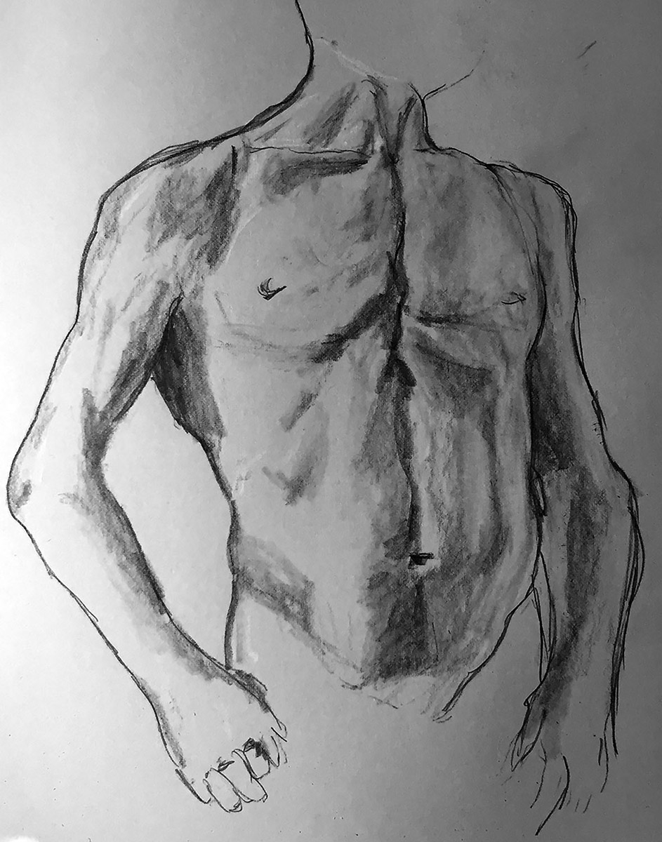 Black and white pencil drawing of a nude male torso on tinted paper