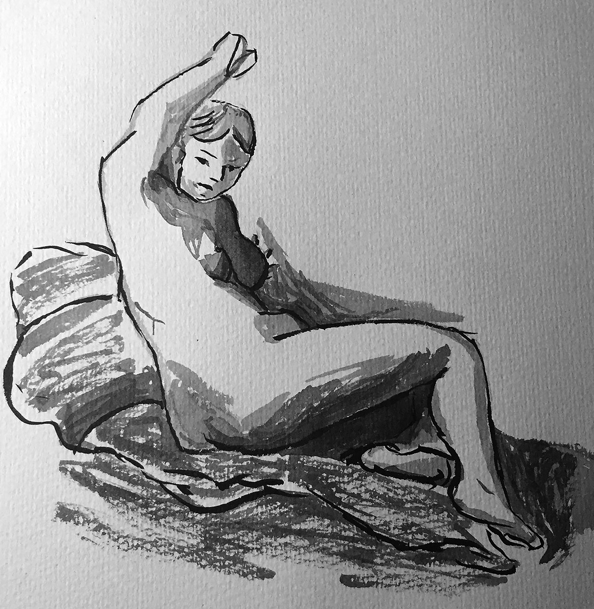 India Ink Drawing of a Nude Woman with Her Arm Raised