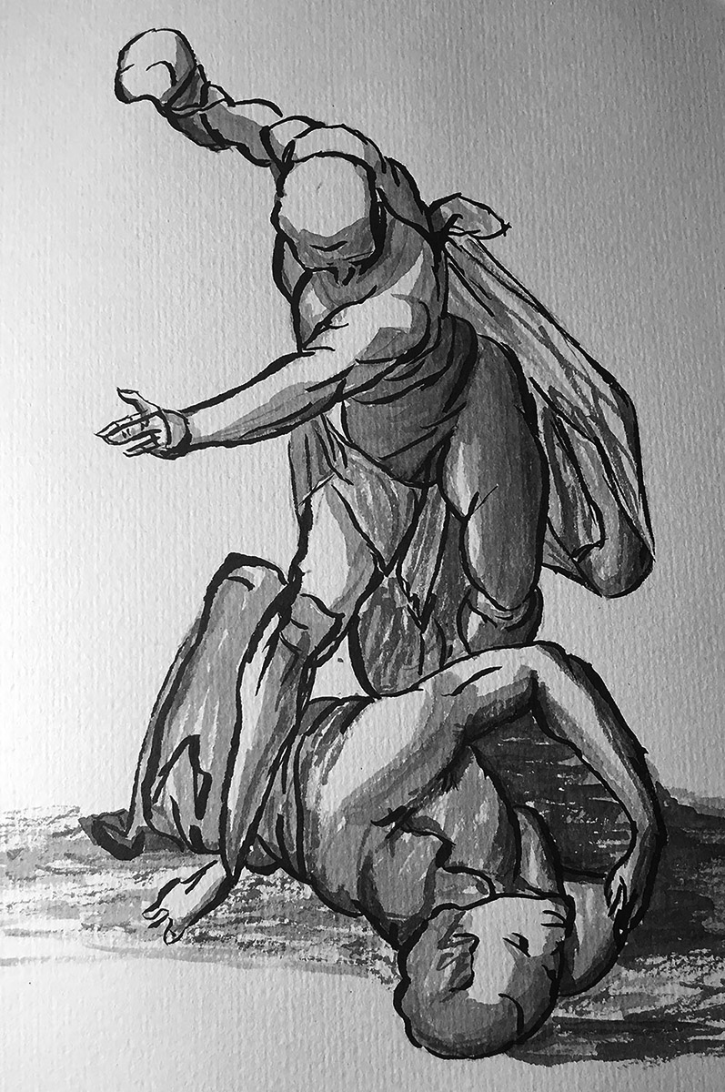 India Ink Drawing of Cain and Abel Copied from Luca Cambiaso