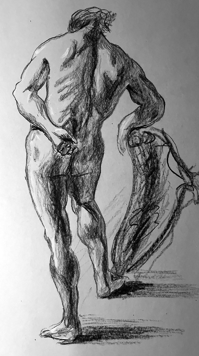 Copy of a Male Nude by Giovanni Battista Piazzetta in black and white Prismacolor Pencils
