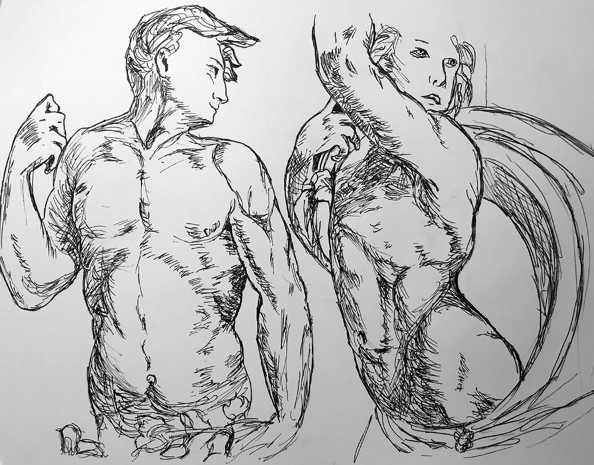 Drawing in Ink Pen of Two Male Figures