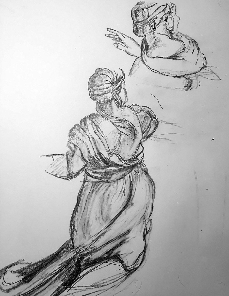 Graphite pencil studies of a kneeling woman