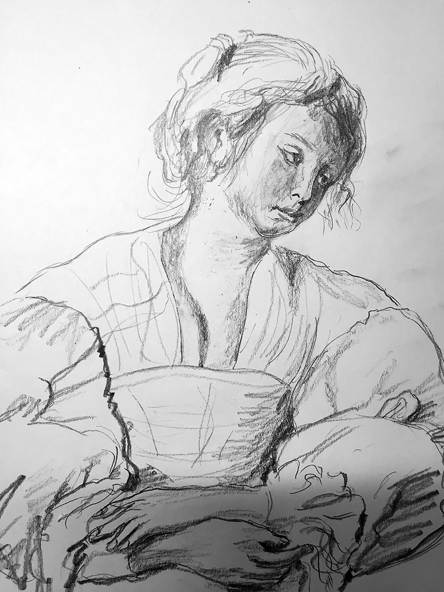 Drawing of Young Woman with Folded Hands in Graphite Pencil