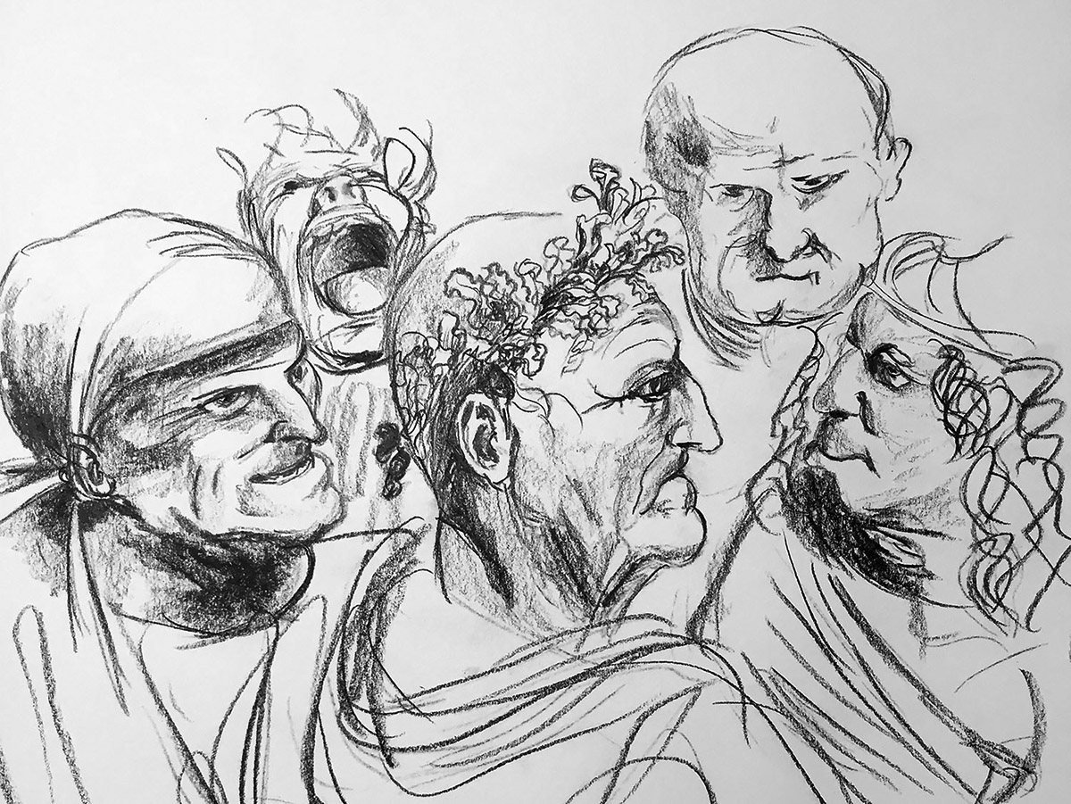 Drawing of five grotesque heads after Leonardo Da Vinci